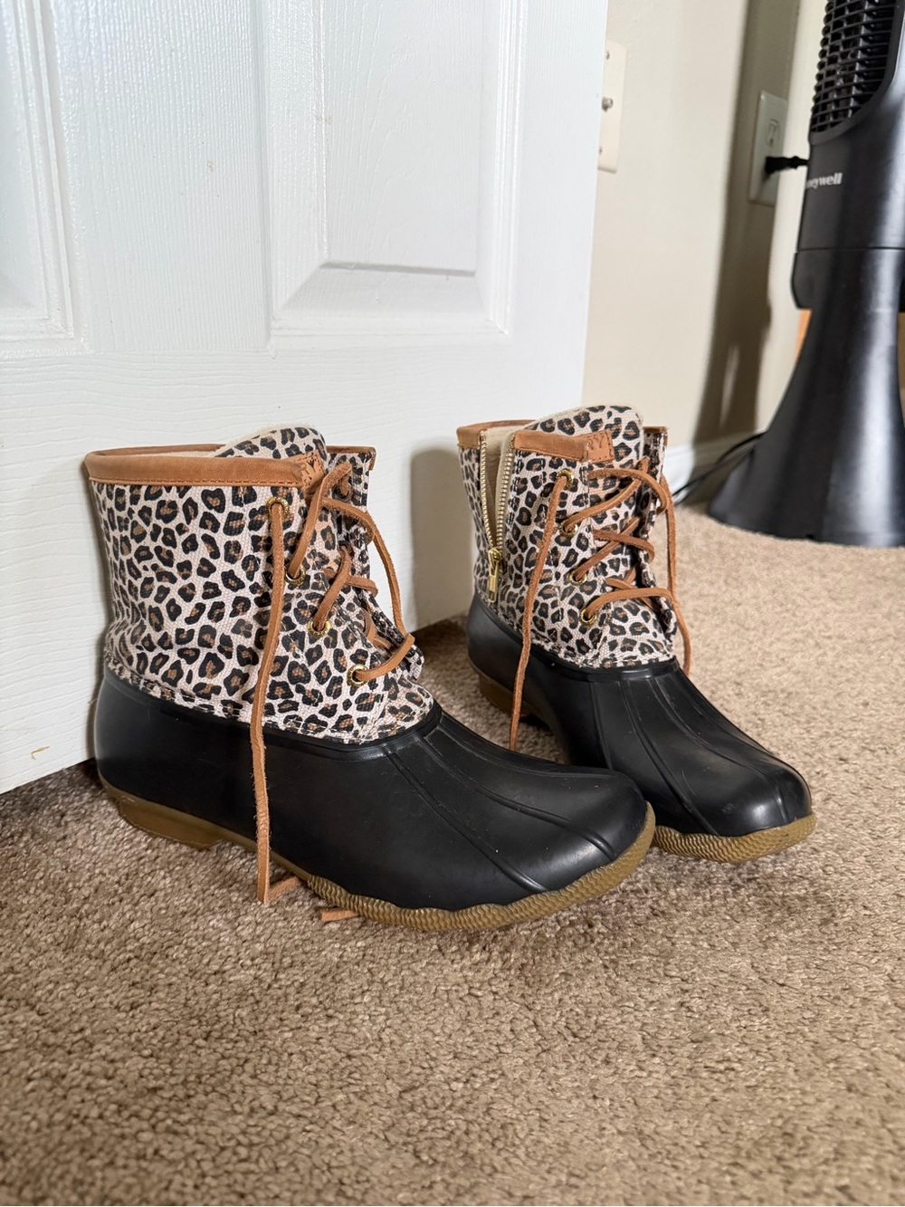 Sperry Leopard-Print Duck Boots with Black Lower and Tan Accents